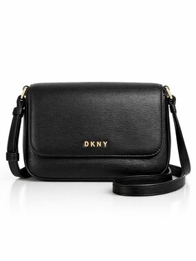 DKNY Black Leather Crossbody Bag | Gold Logo | Small Shoulder Purse